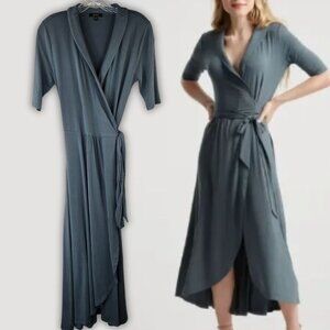 Quince Jersey Midi Wrap Dress Small Green Stretchy Quiet Luxury Drape Waist Tie
